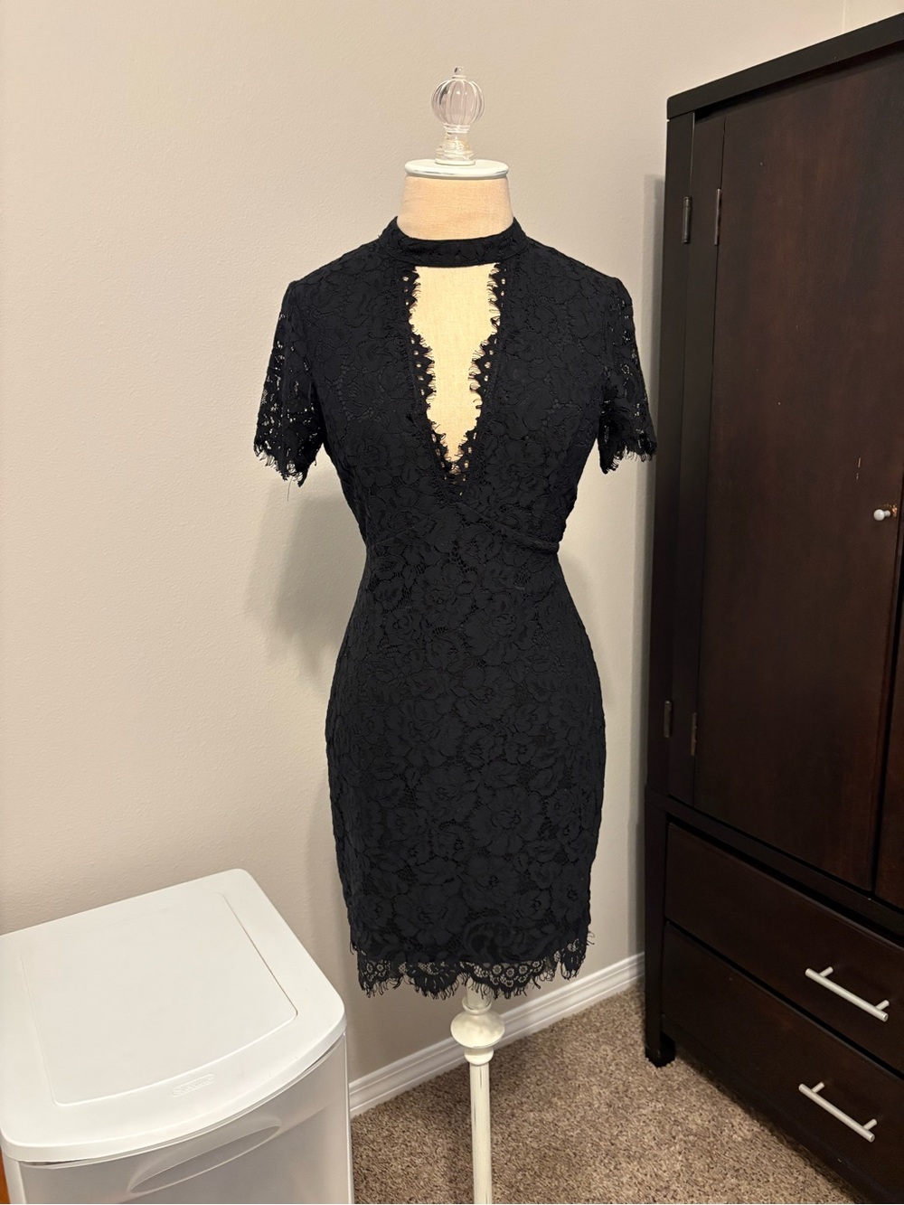 LUSÉ Black Lace Open Back Mini Dress | Long Sleeve | Size S